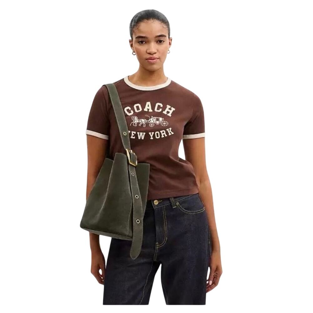 Coach Bleecker Bucket Bag w/ Detachable Pouch Olive Green Suede NWT - Picture 6 of 7